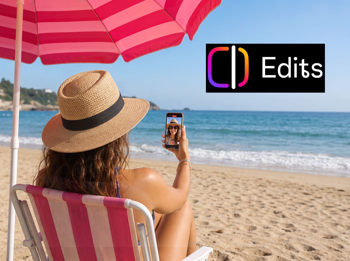 mujer en la playa con movil grabandose con la app edits de instagram