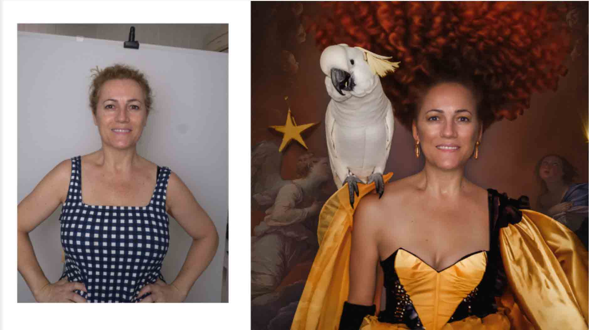 Antes y después en Photoshop con relleno generativo, de look casual a vestido de fiesta con loro