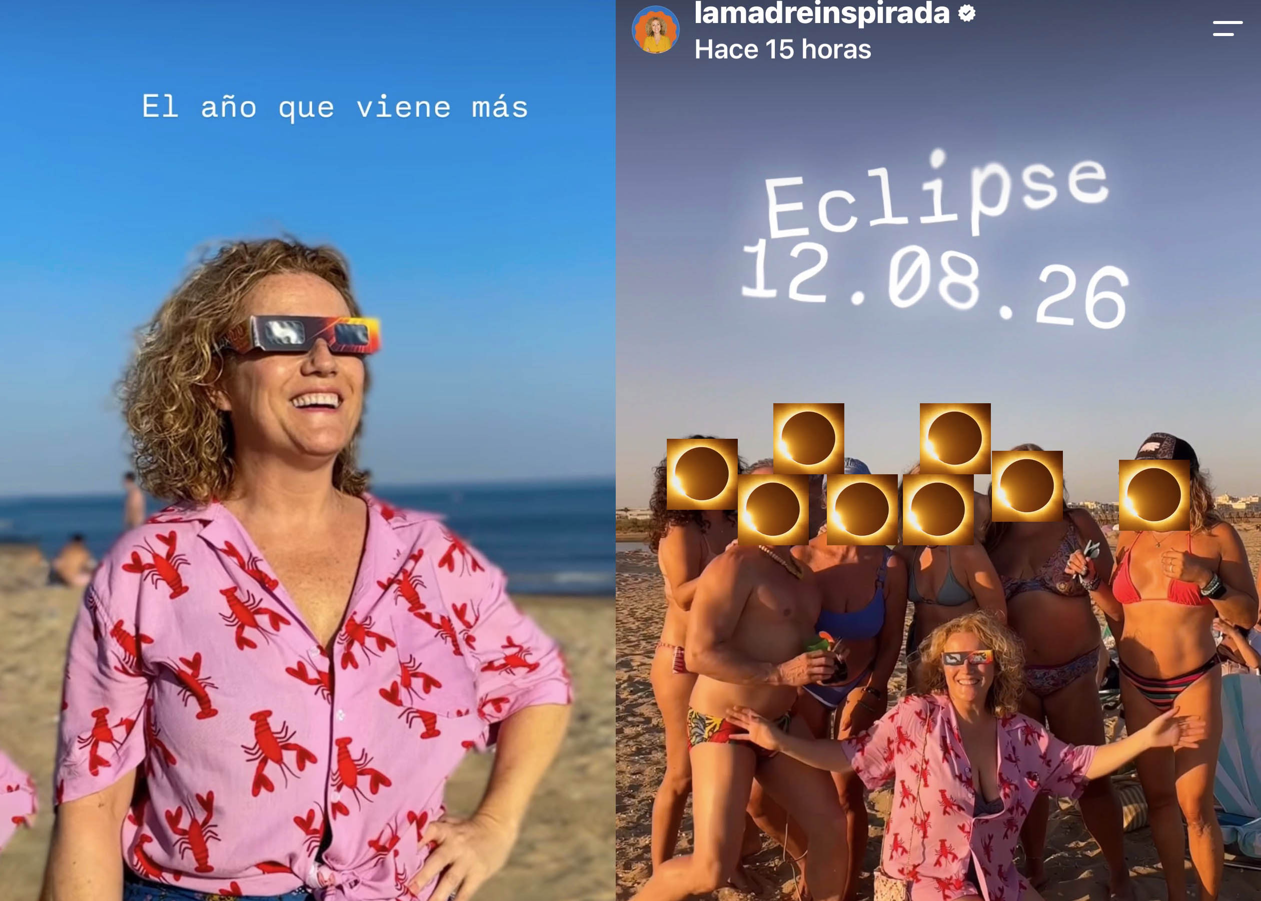 mujer mirando al eclipse con gafas especiales y grupo de amigos