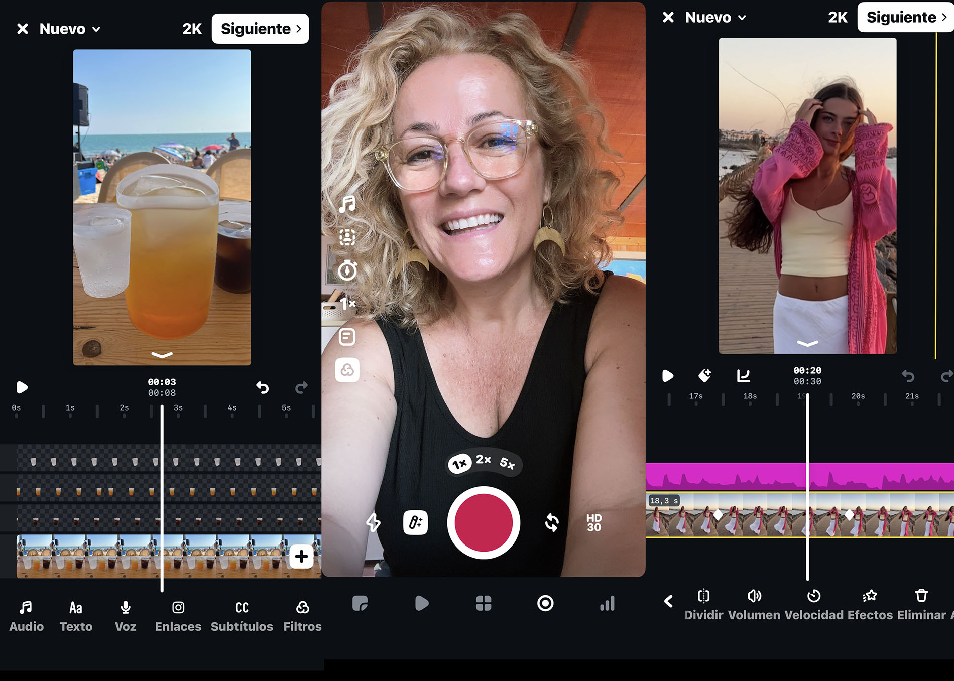 3 escenas de la app edits, cortes, camara, video